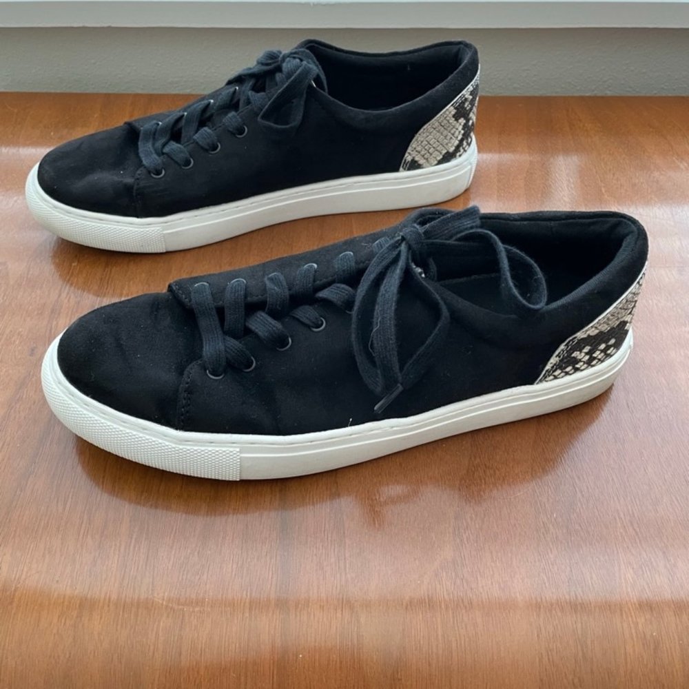 EUC J Crew Factory - Black Suede and Snake Print Tie Shoes - Women's 9